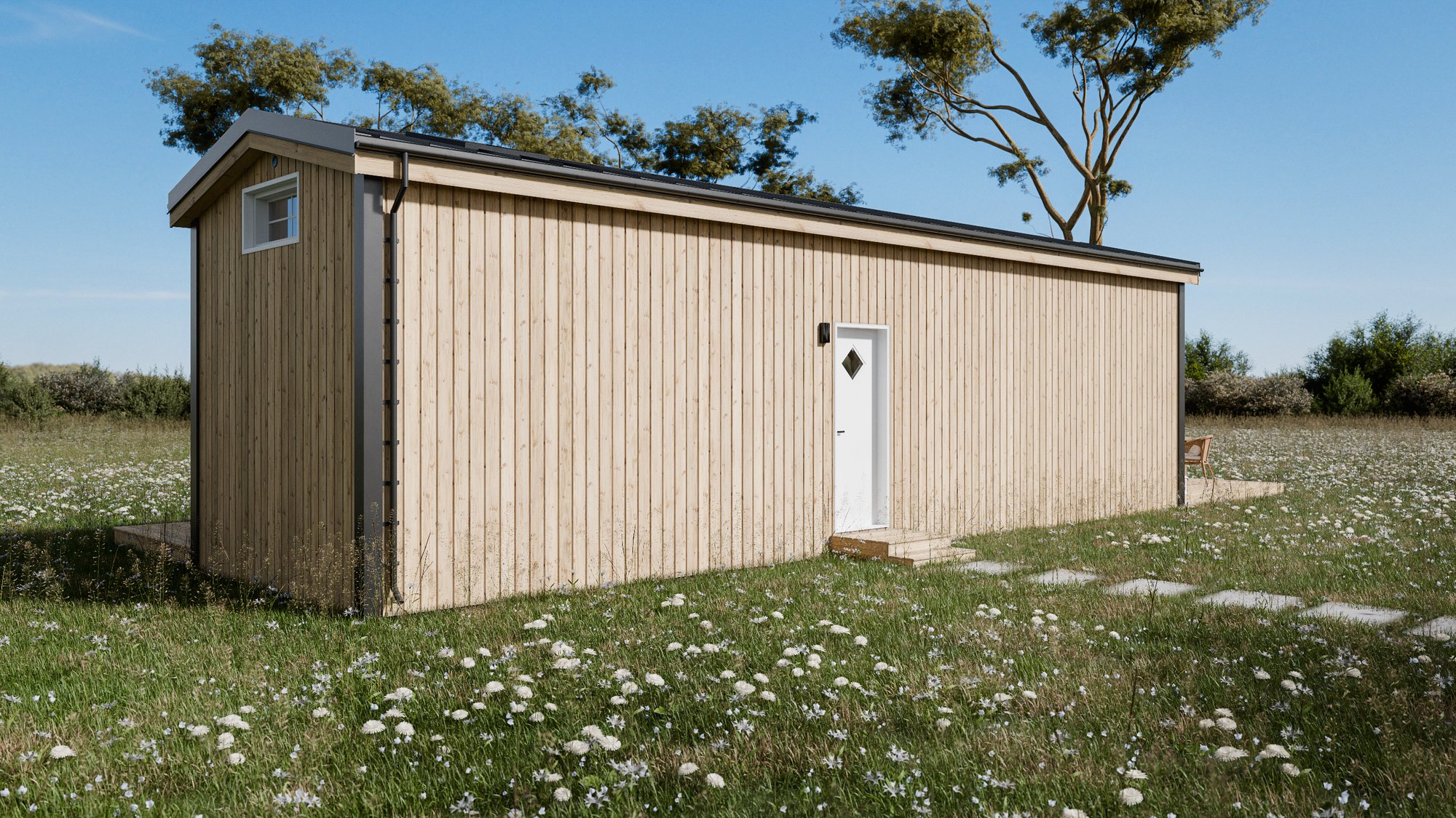 Leah, one of the three new modular tiny houses. This still is a visualisation; the video tour walks you through it.